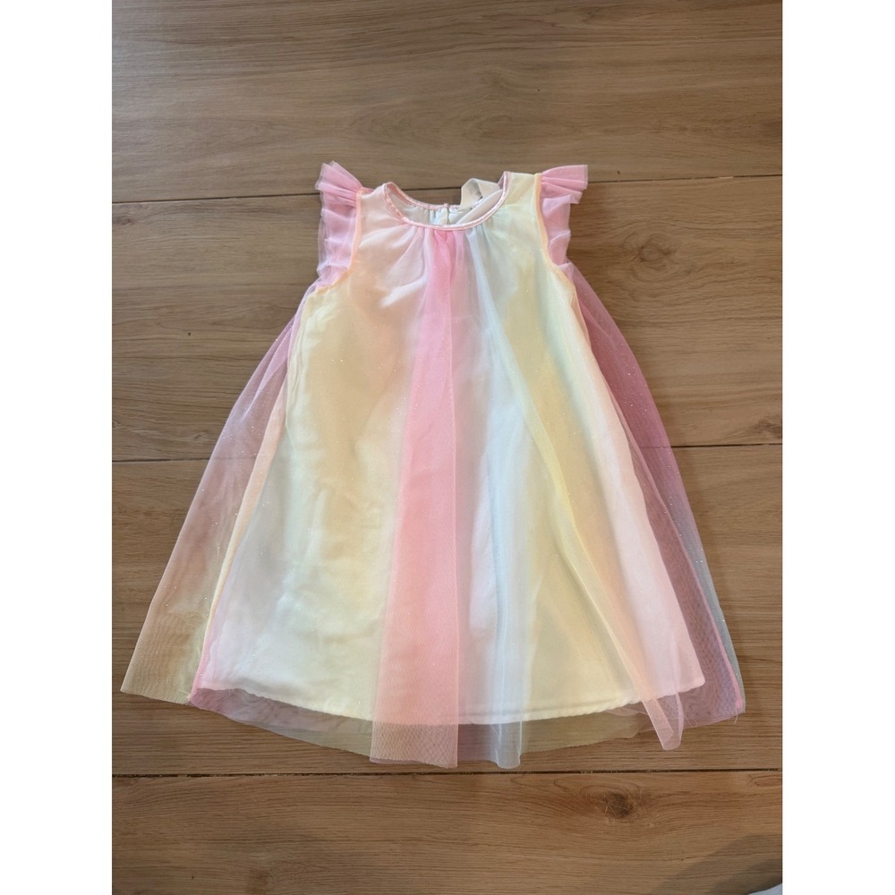 H&M Girls Pastel Rainbow Tulle Glitter Dress Pink Yellow Blue Size 6